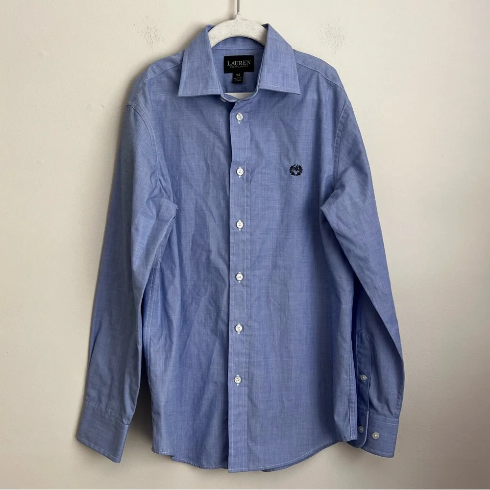 Lauren Ralph Lauren boys blue button up shirt long sleeve crest embroidery 14